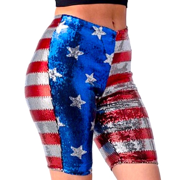 Restocked! 4th Of July “Red White Blue” Metallic Sequin Biker Shorts - Picture 1 of 5